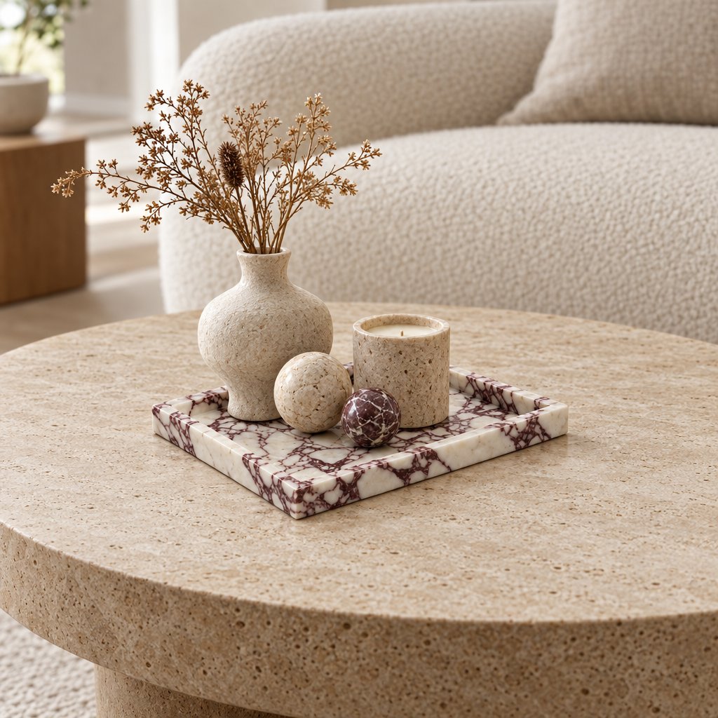 White marble tray with burgundy veining on a travertine coffee table holding a beige vase of dried stems, two stone spheres and a candle holder