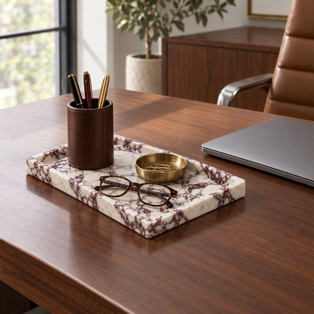 White marble tray with burgundy veining on a walnut desk holding a leather pen cup, a brass dish of paper clips and tortoiseshell glasses