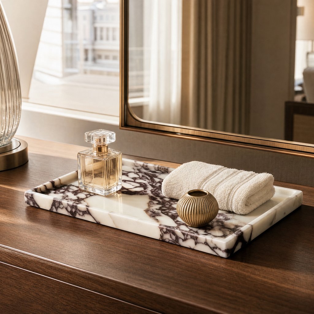 White marble tray with burgundy veining on a dark walnut vanity holding a perfume bottle, a rolled white towel and a small gold pot