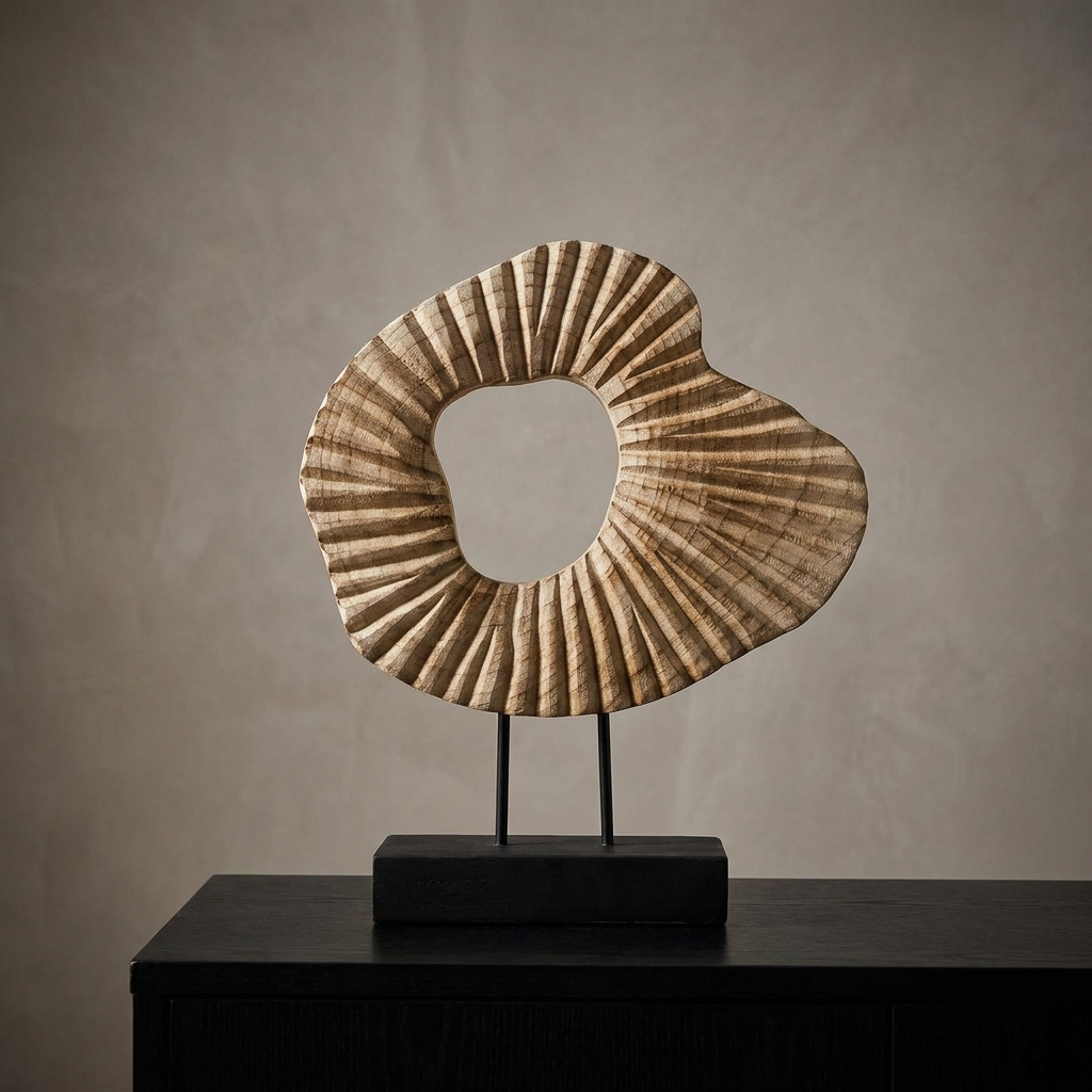 Carved wood abstract sculpture on a metal stand, moody studio shot, Kiyo Home