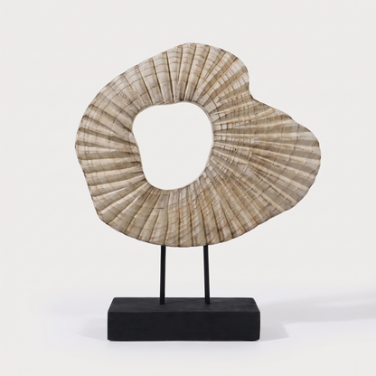 Carved wood abstract sculpture on a black metal stand, hand-carved hardwood decor, Kiyo Home