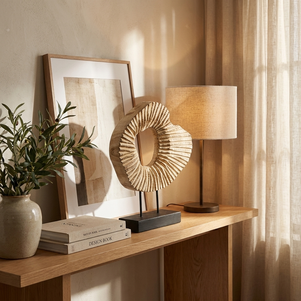Carved wood abstract sculpture on a console table with a lamp and books, Kiyo Home