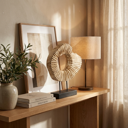 Carved wood abstract sculpture on a console table with a lamp and books, Kiyo Home