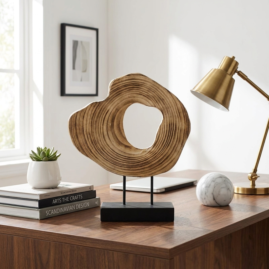 Carved wood abstract sculpture on a desk with a lamp and books, Kiyo Home