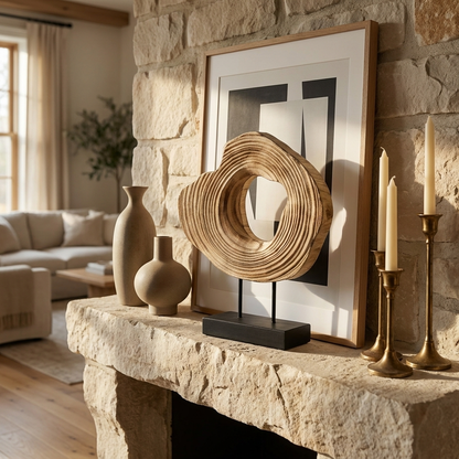 Carved wood abstract sculpture on a stone fireplace mantel with candles, Kiyo Home