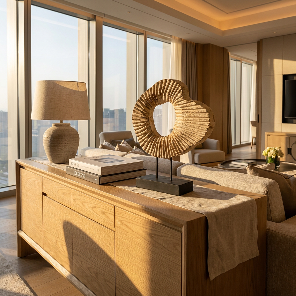 Carved wood abstract sculpture styled in a modern luxury living room, Kiyo Home