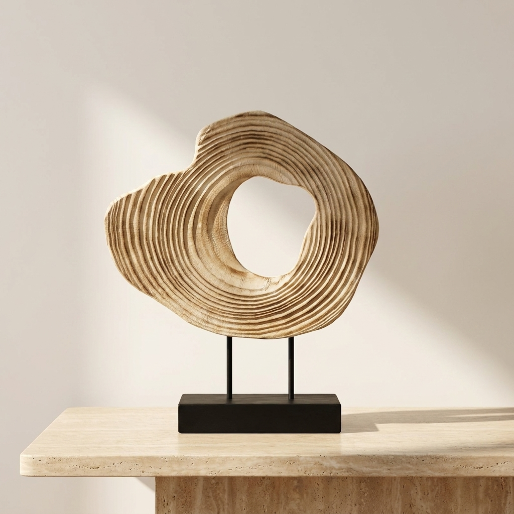 Carved wood abstract sculpture on a metal stand displayed on a travertine plinth, Kiyo Home