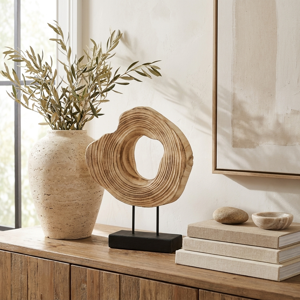 Carved wood abstract sculpture on a sideboard with a vase and olive branch, Kiyo Home