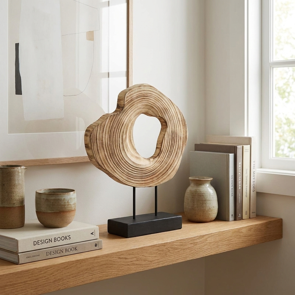 Carved wood abstract sculpture on a window shelf with vases and books, Kiyo Home