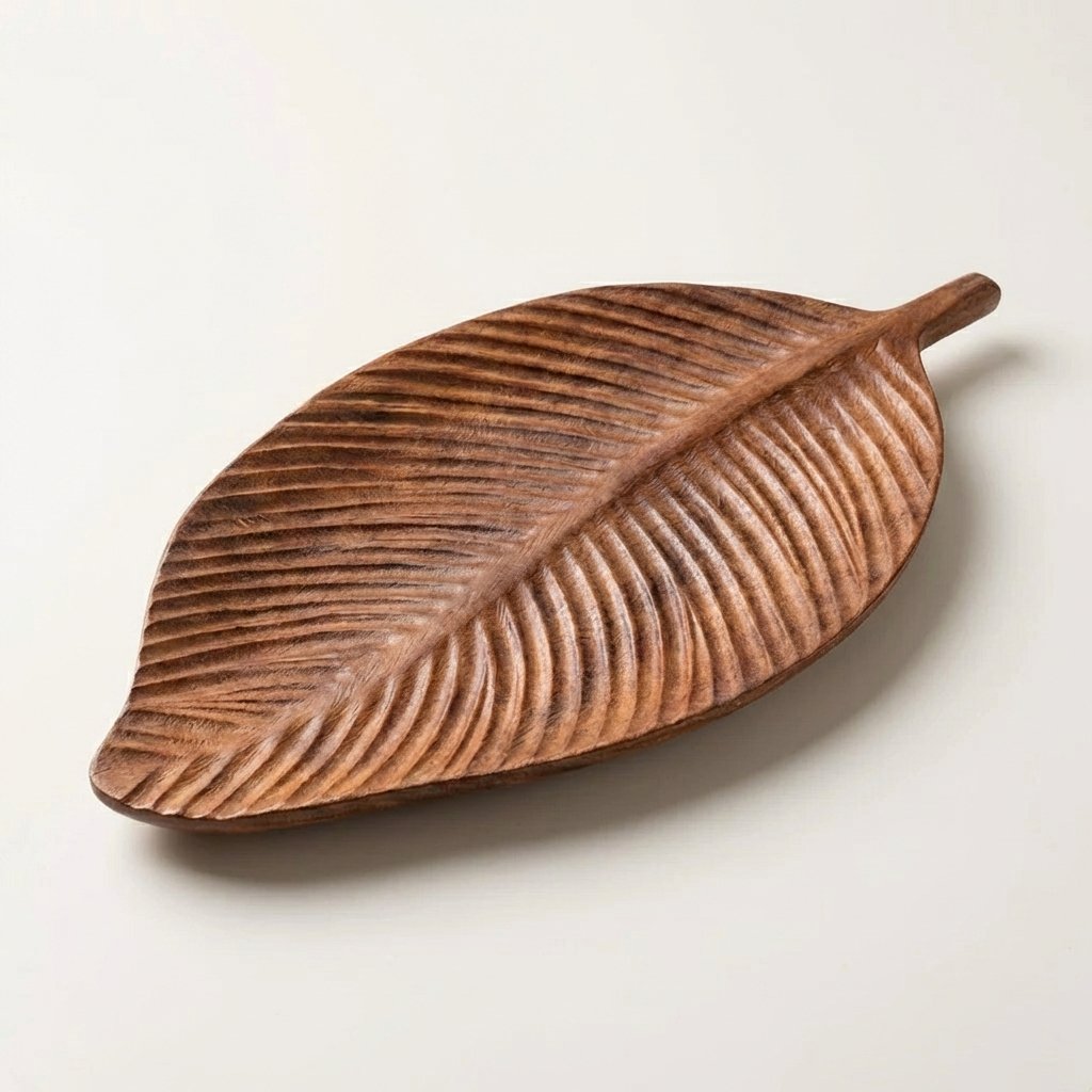 Dark wood Carved Leaf Serving Tray shown at an angle on a clean off-white background