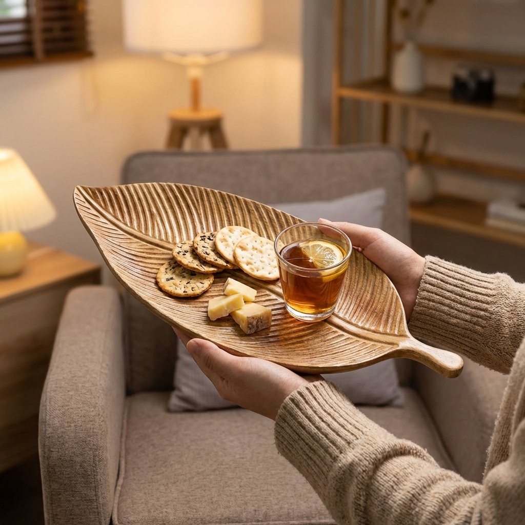 Person holding a Carved Wood Leaf Serving Tray with crackers, cheese, and a glass of iced tea