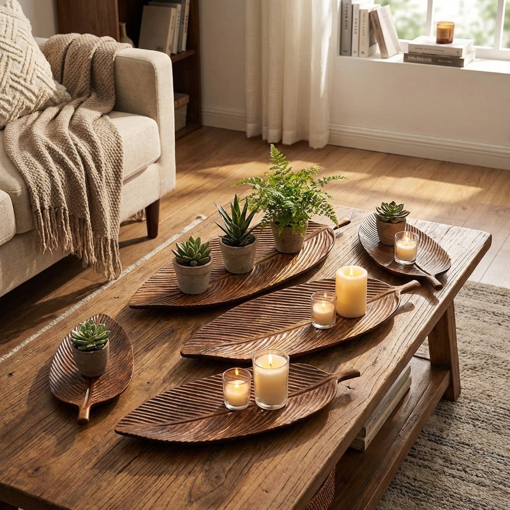 Three Carved Wood Leaf Serving Trays holding succulents and lit candles on a rustic wood coffee table
