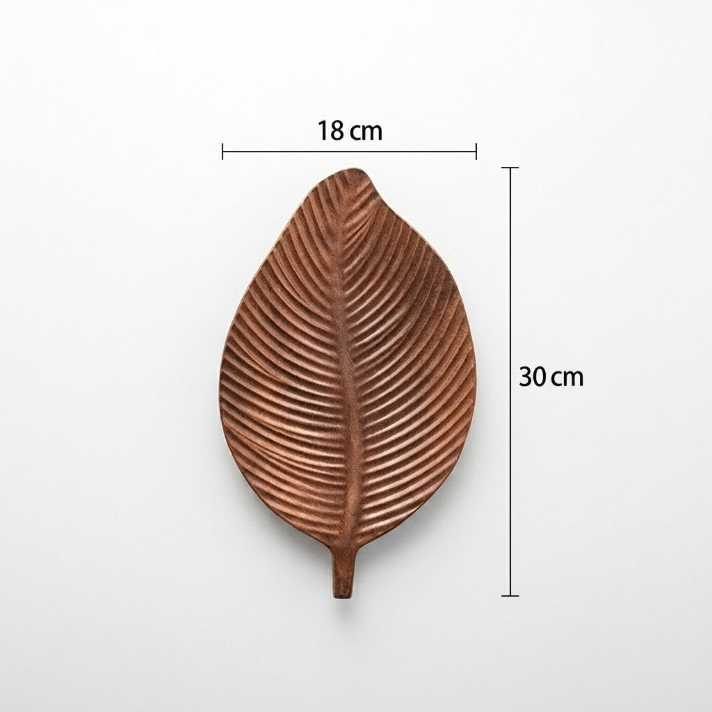 Dark wood Carved Leaf Serving Tray dimensions diagram showing 18 cm width and 30 cm length