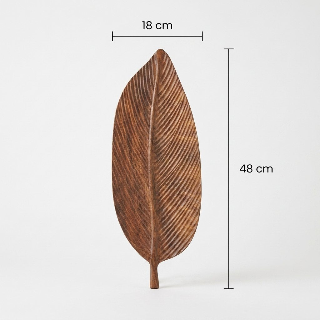 Dark wood Carved Leaf Serving Tray dimensions diagram showing 18 cm width and 48 cm length