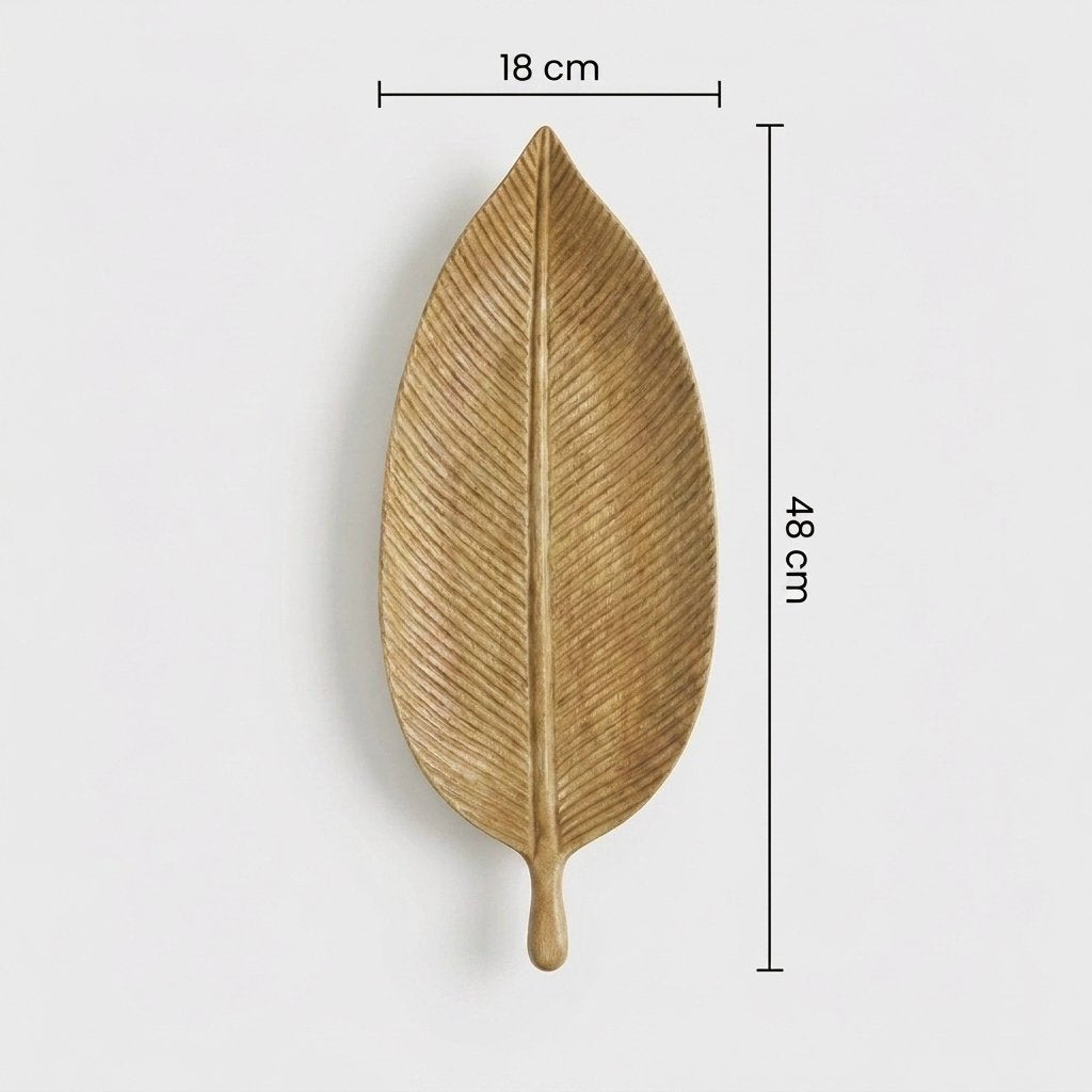 Light wood Carved Leaf Serving Tray dimensions diagram showing 18 cm width and 48 cm length