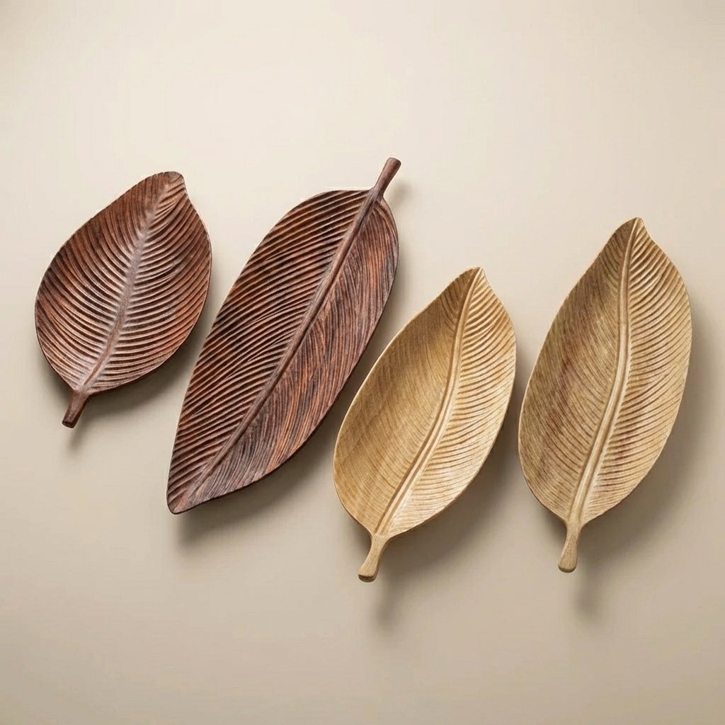 Carved Wood Leaf Serving Trays in dark and light wood finishes shown together for size and color comparison