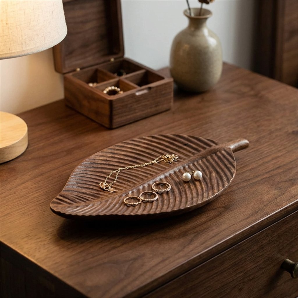 Carved Wood Leaf Serving Tray holding rings, a necklace, and earrings on a wood dresser