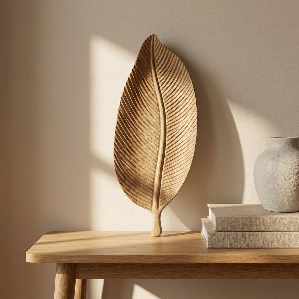 Light wood Carved Leaf Serving Tray standing upright against a wall on a console table beside a ceramic vase and stacked books
