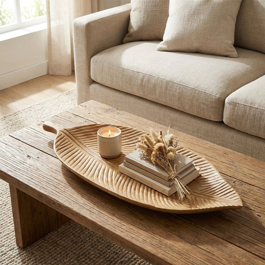 Carved Wood Leaf Serving Tray holding a lit candle, stacked books, and a dried flower bundle on a coffee table