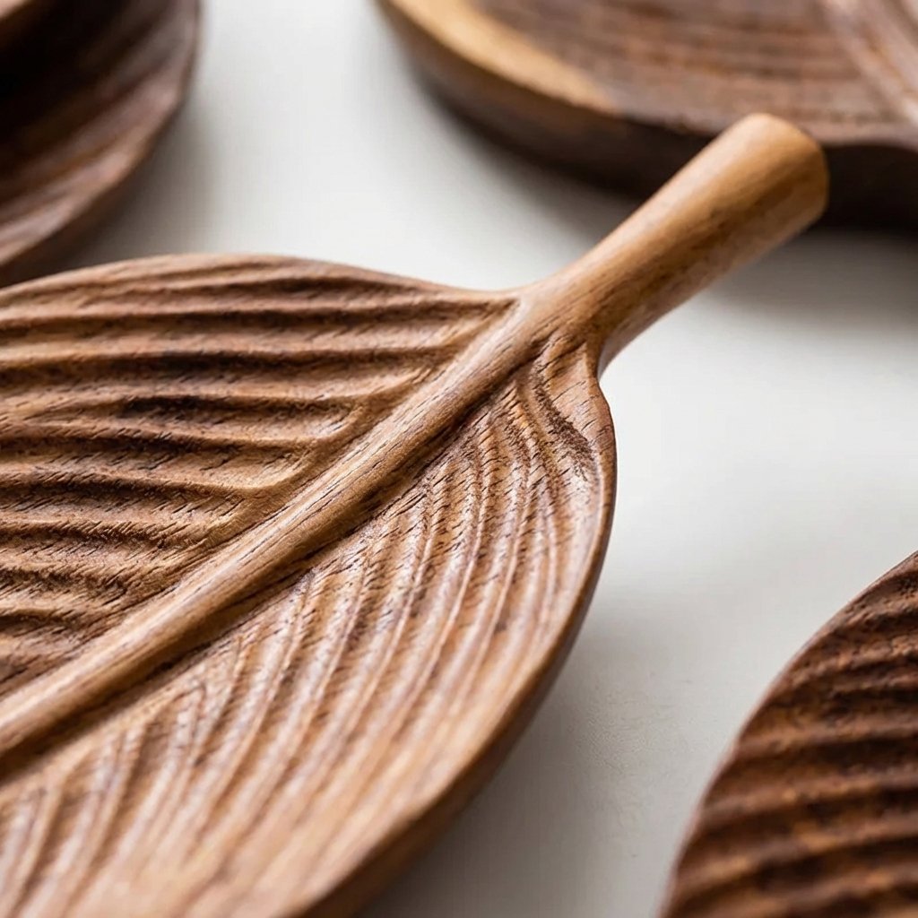 Close-up of the Carved Wood Leaf Serving Tray's handle and natural wood grain