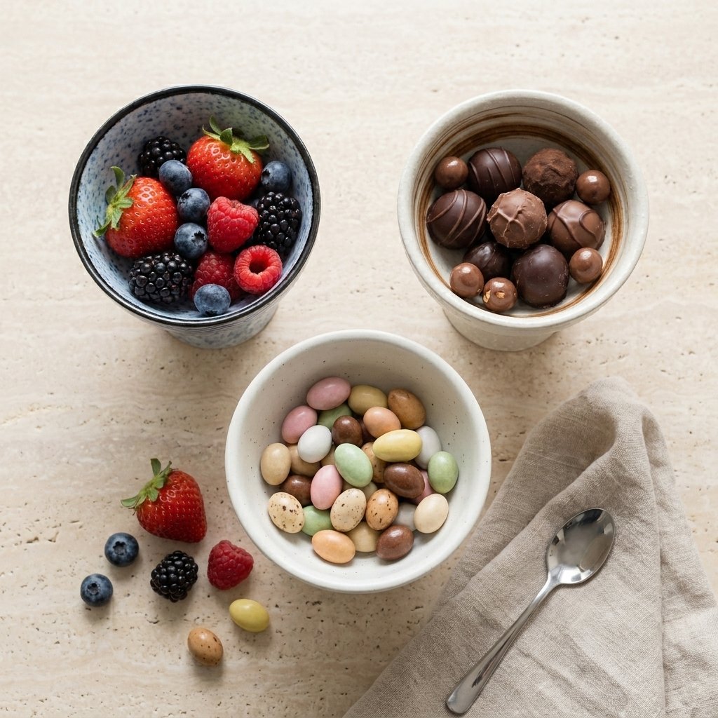 Overhead view of three ceramic dessert bowls holding mixed berries, chocolate truffles and candy-coated almonds on a travertine surface
