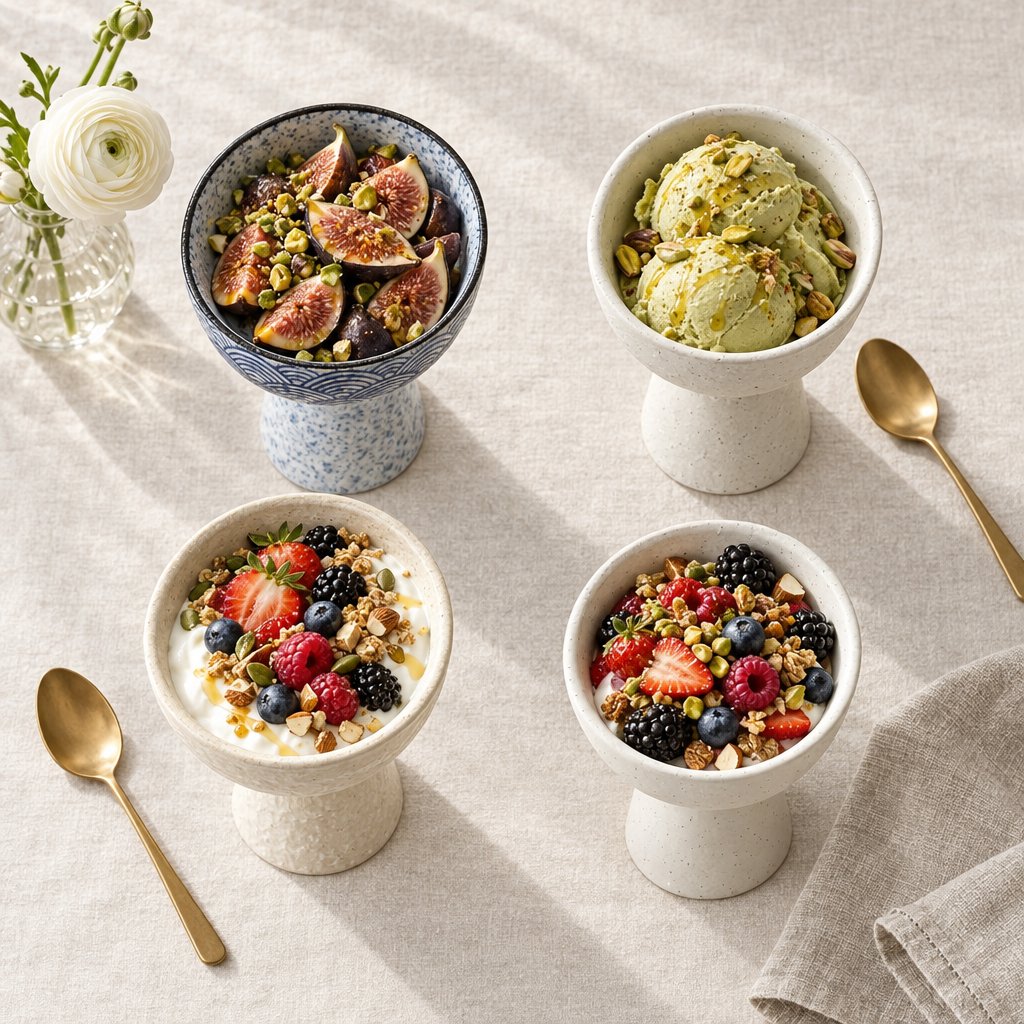 Overhead view of four ceramic pedestal dessert bowls, one blue wave pattern and three cream, holding figs, pistachio gelato and yogurt with berries on a linen cloth