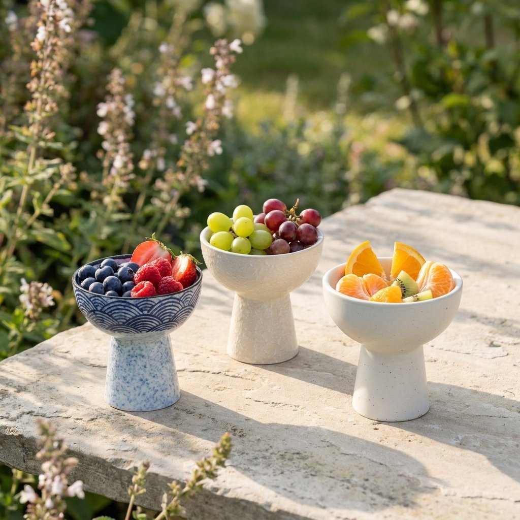 Three ceramic pedestal dessert bowls in blue wave pattern, textured cream and smooth cream holding berries, grapes and citrus segments on a stone slab in a garden