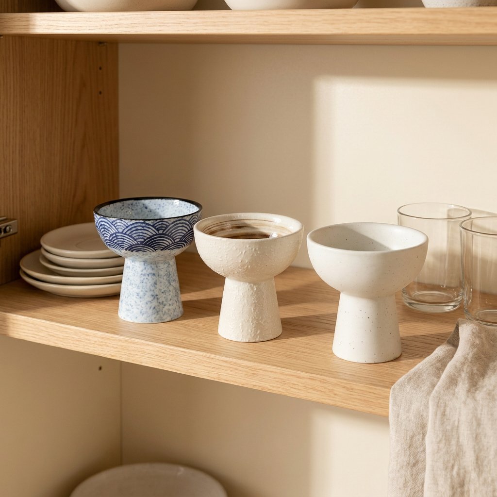 Three empty ceramic pedestal dessert bowls in blue wave pattern, cream with a brown swirl inside and plain white on an oak shelf