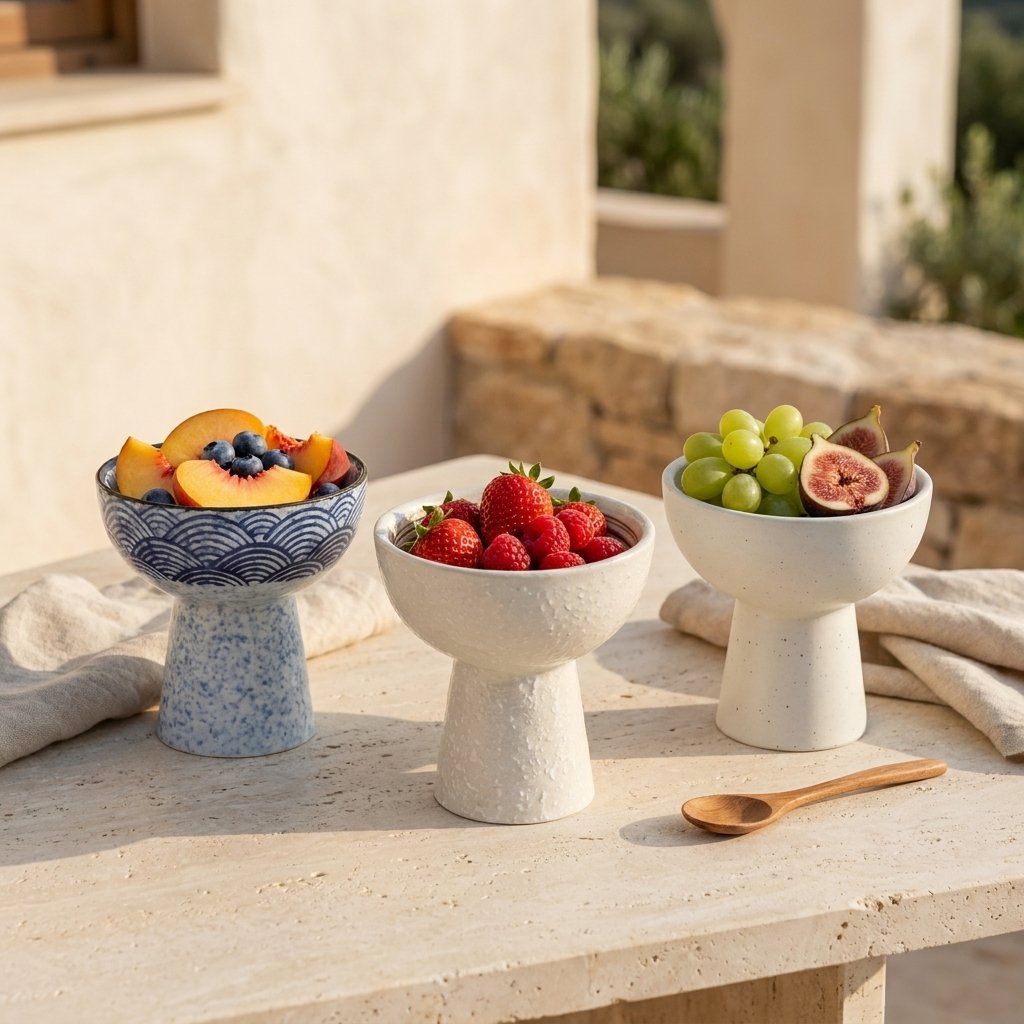 Three ceramic pedestal dessert bowls in blue wave pattern, cream pitted and plain white finishes holding fruit on a sunlit stone terrace table