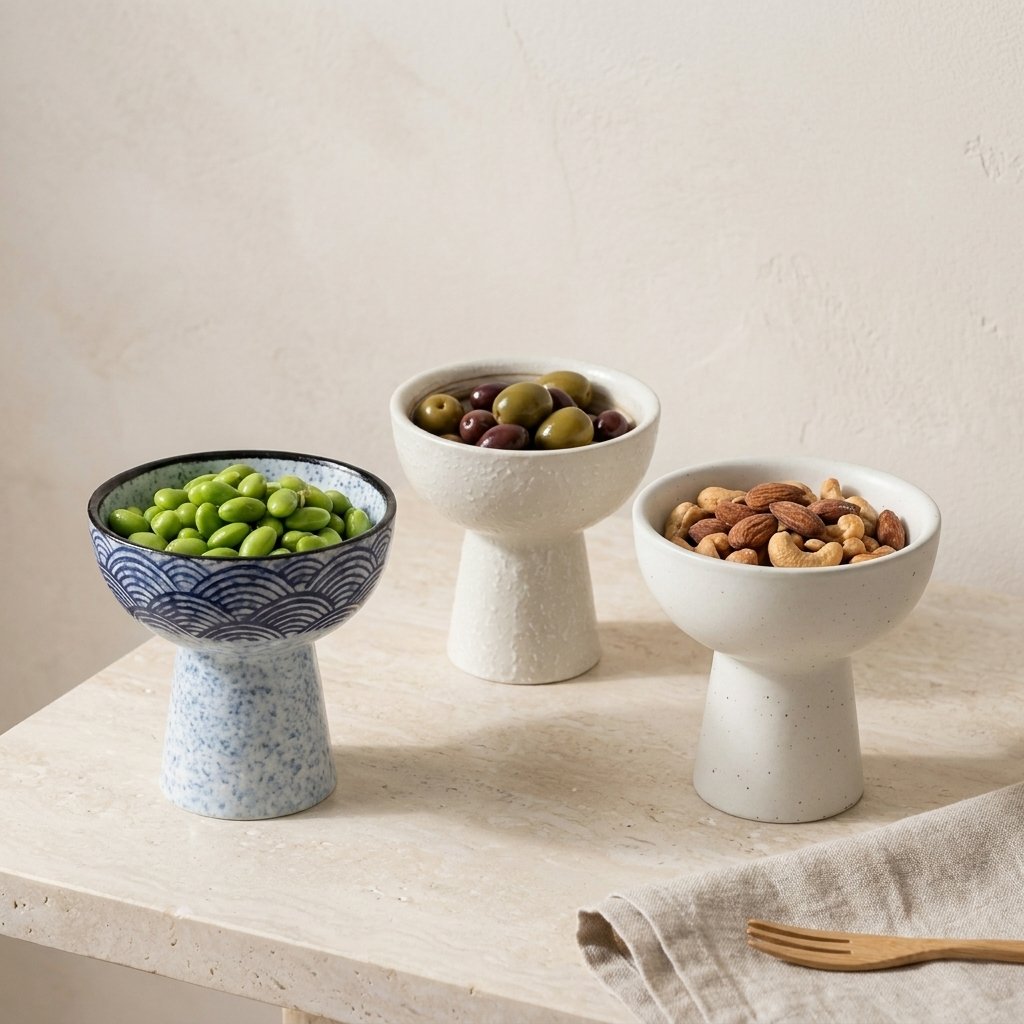 Three ceramic pedestal dessert bowls holding edamame, olives and mixed nuts on a travertine table