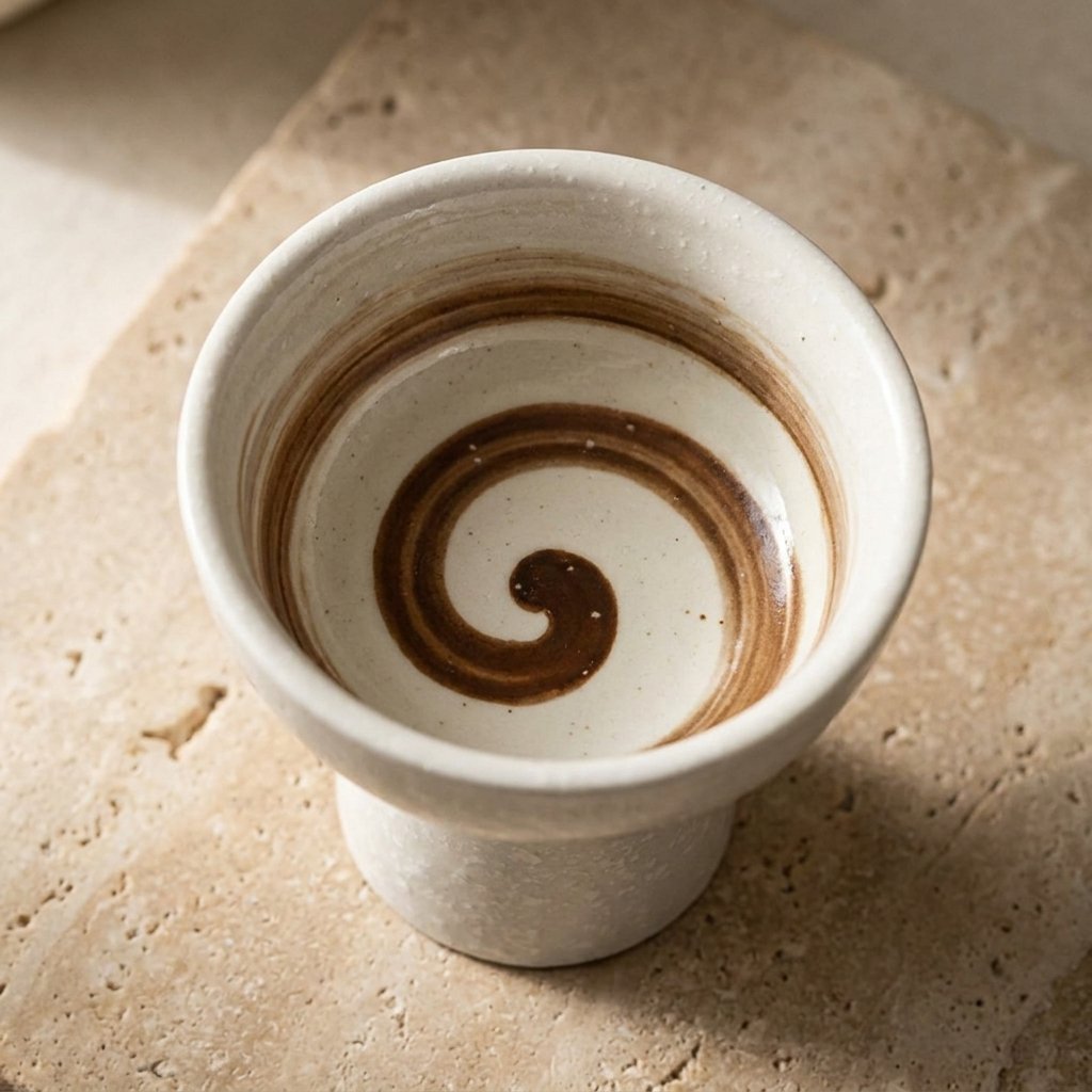 Close-up of an empty cream ceramic pedestal dessert bowl with a brown spiral swirl glaze inside on a travertine slab
