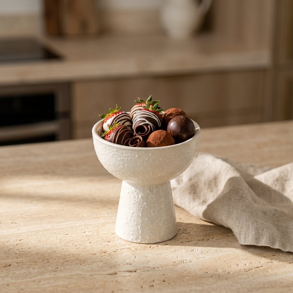 Cream textured ceramic pedestal dessert bowl holding chocolate-drizzled strawberries and truffles on a travertine counter