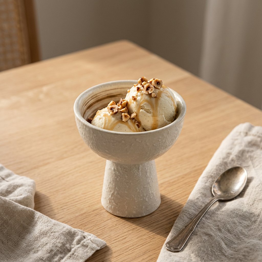 Cream textured ceramic pedestal dessert bowl holding two scoops of vanilla ice cream with caramel and chopped hazelnuts on an oak table