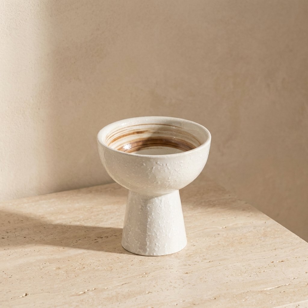 Empty cream pitted ceramic pedestal dessert bowl with a brown swirl glaze inside on a travertine surface against a plaster wall corner