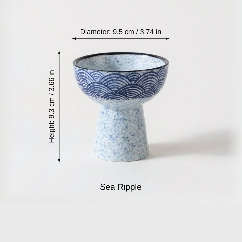 Sea Ripple blue and white wave pattern ceramic pedestal dessert bowl with dimensions labeled diameter 9.5 cm (3.74 in) and height 9.3 cm (3.66 in)