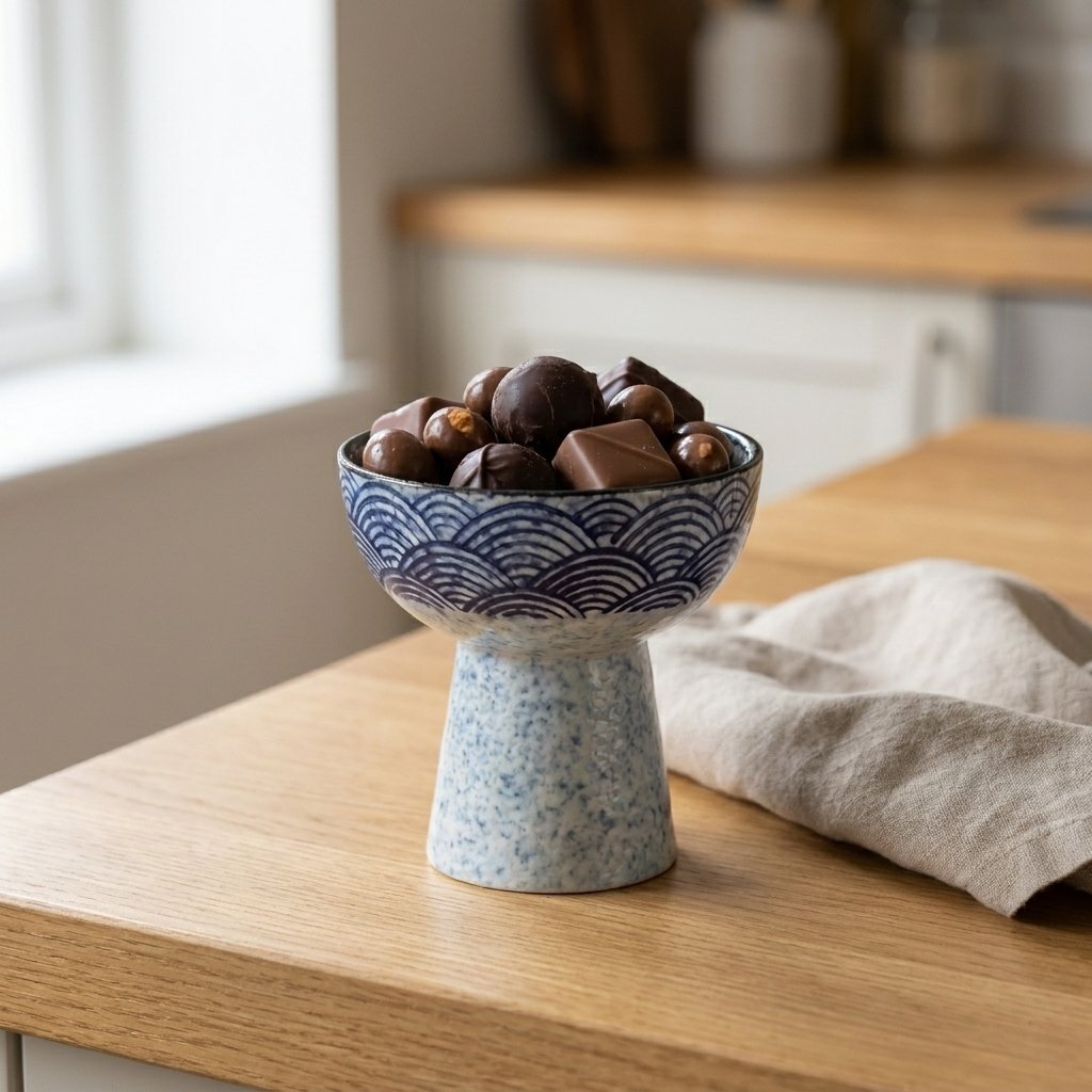 Blue and white wave pattern ceramic pedestal dessert bowl heaped with assorted chocolates and truffles on an oak kitchen counter