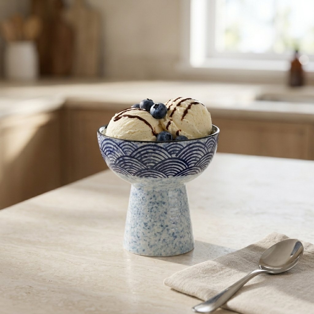 Blue and white wave pattern ceramic pedestal dessert bowl of vanilla ice cream with chocolate sauce and blueberries on a travertine counter