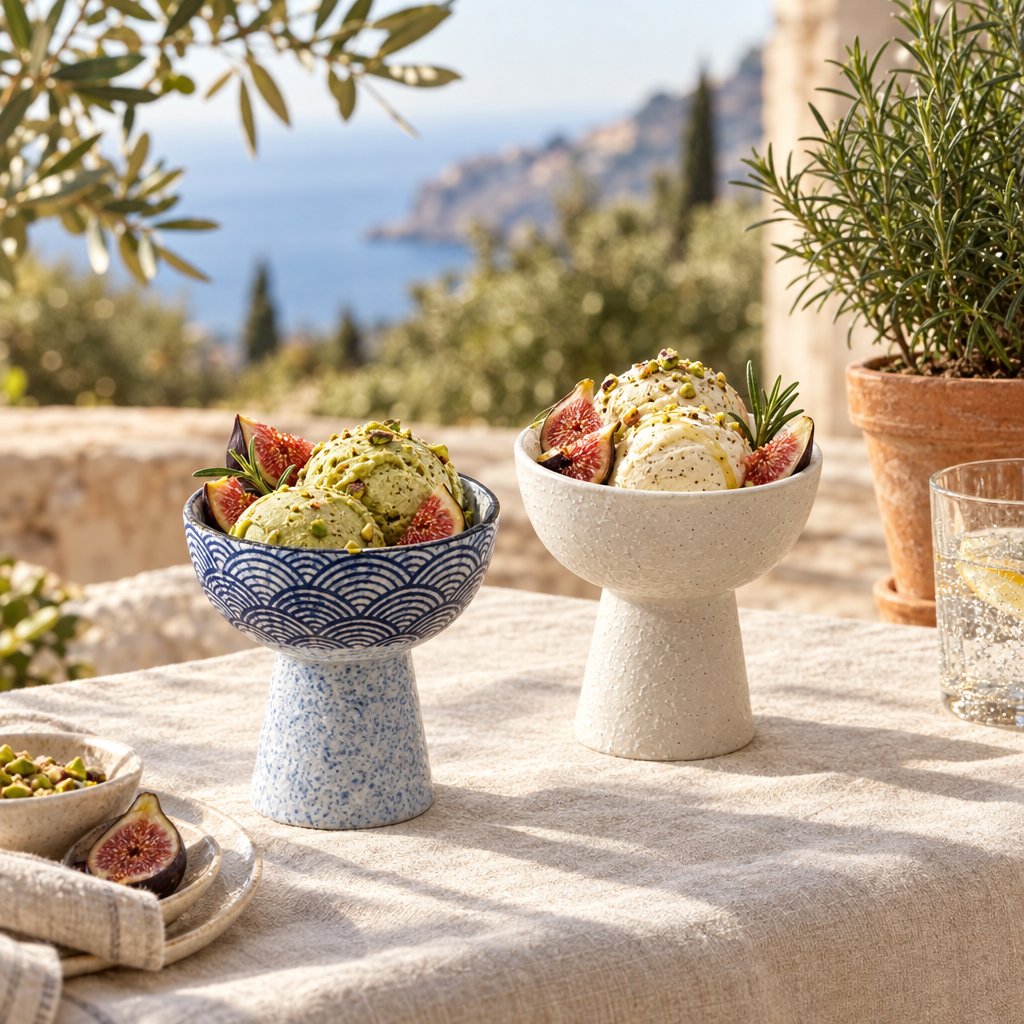 Blue wave pattern and cream pitted ceramic pedestal dessert bowls holding pistachio and vanilla gelato with figs on a sunlit terrace table