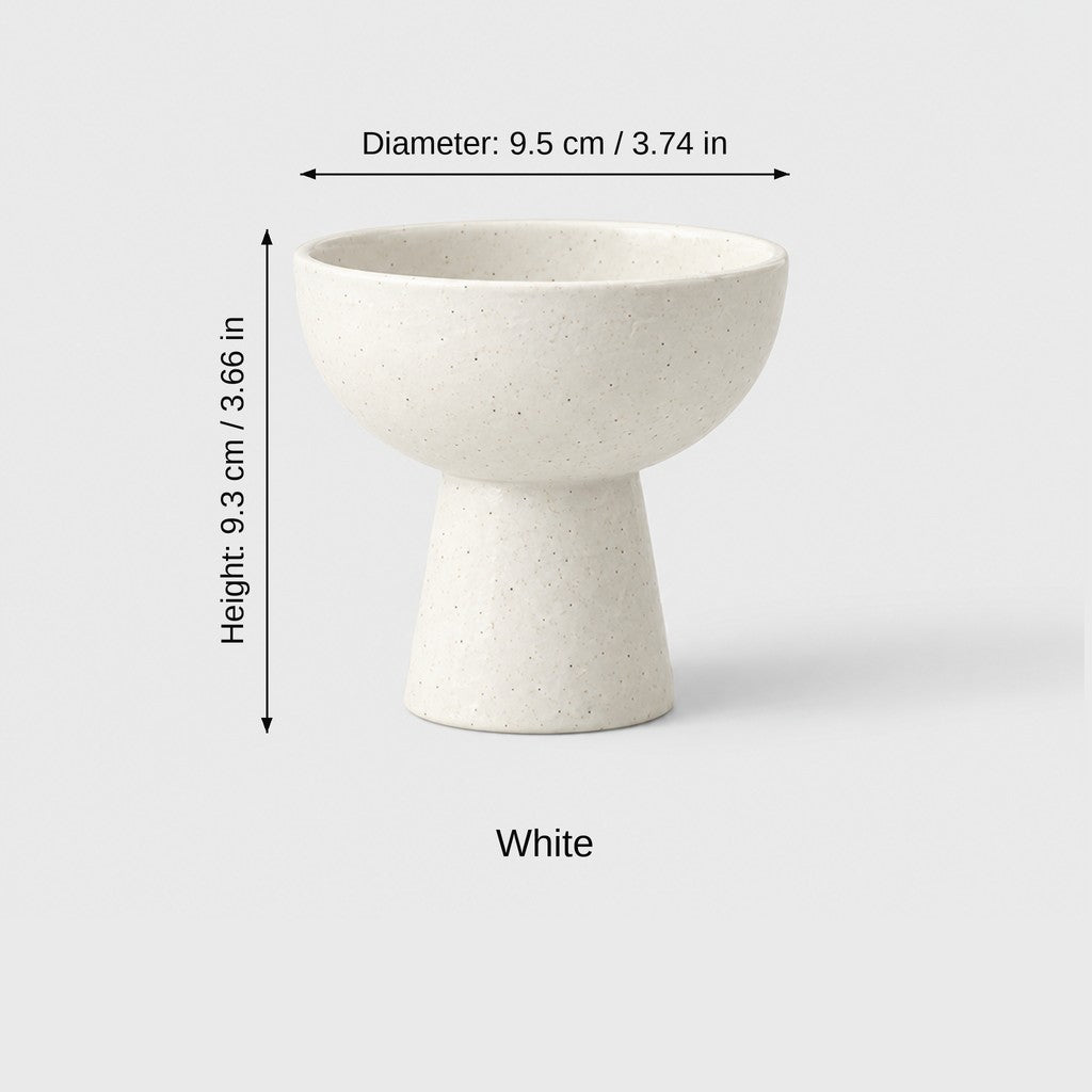 White speckled ceramic pedestal dessert bowl with dimensions labeled diameter 9.5 cm (3.74 in) and height 9.3 cm (3.66 in)