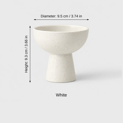 White speckled ceramic pedestal dessert bowl with dimensions labeled diameter 9.5 cm (3.74 in) and height 9.3 cm (3.66 in)