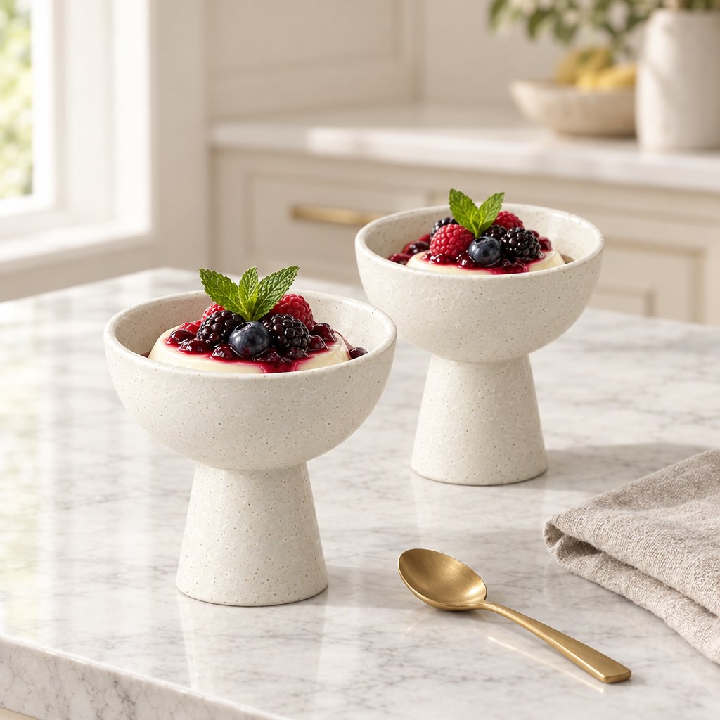 Two speckled white ceramic pedestal dessert bowls of panna cotta topped with berry compote and mint on a marble counter