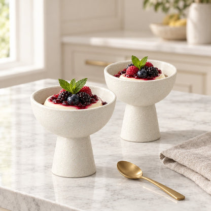 Two speckled white ceramic pedestal dessert bowls of panna cotta topped with berry compote and mint on a marble counter