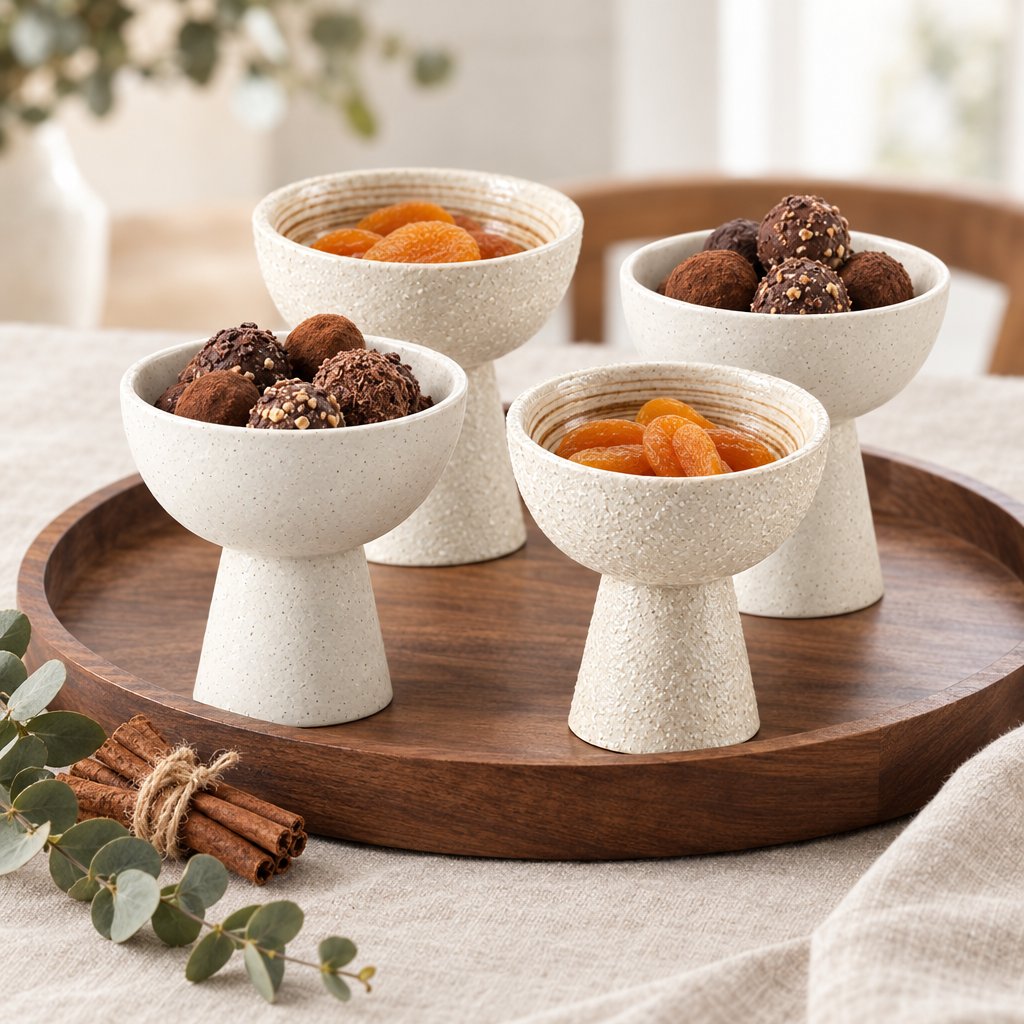 Four cream ceramic pedestal dessert bowls holding dried apricots and chocolate truffles on a walnut tray with cinnamon sticks and eucalyptus