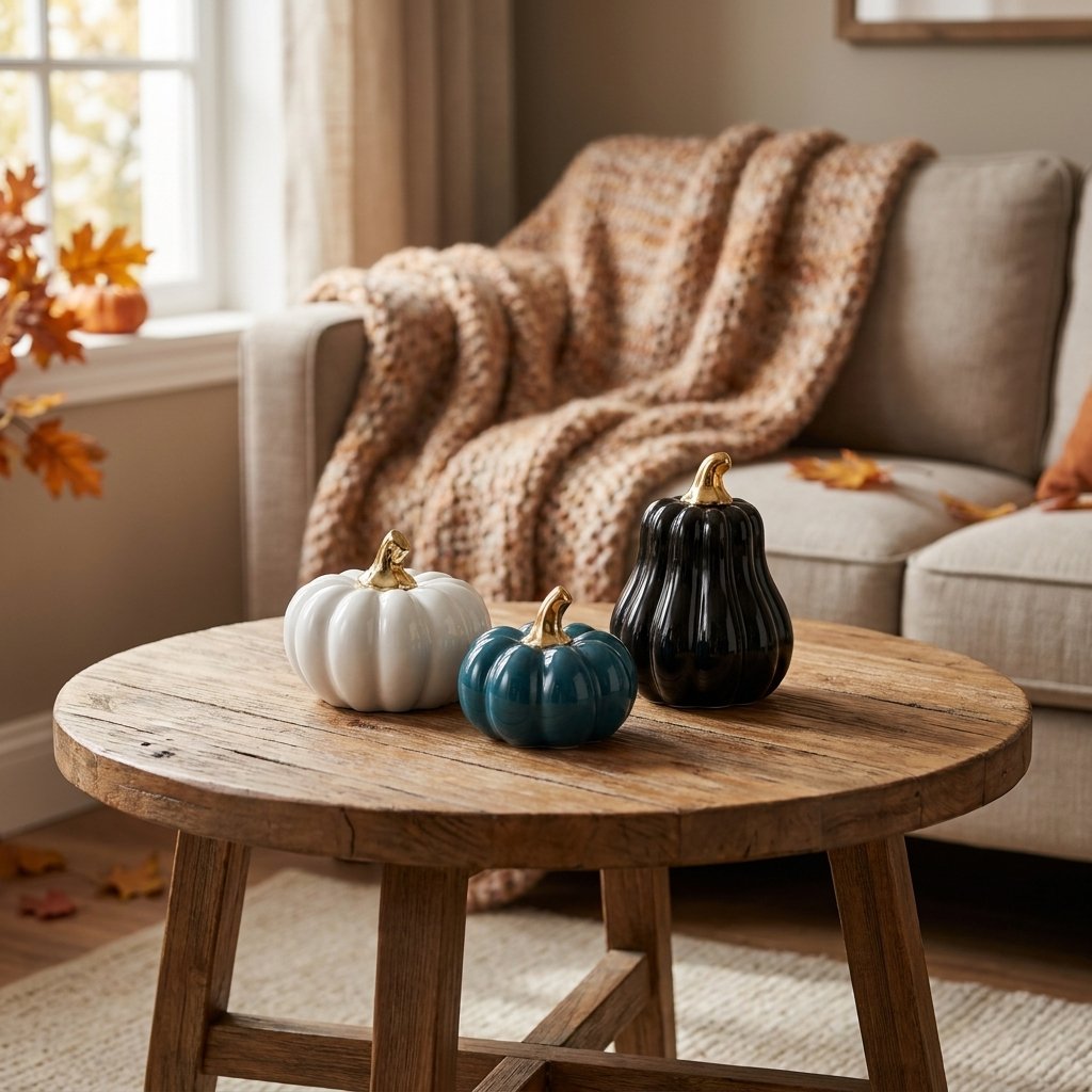 White small pumpkin, blue small pumpkin, and black gourd on a coffee table in a cozy living room