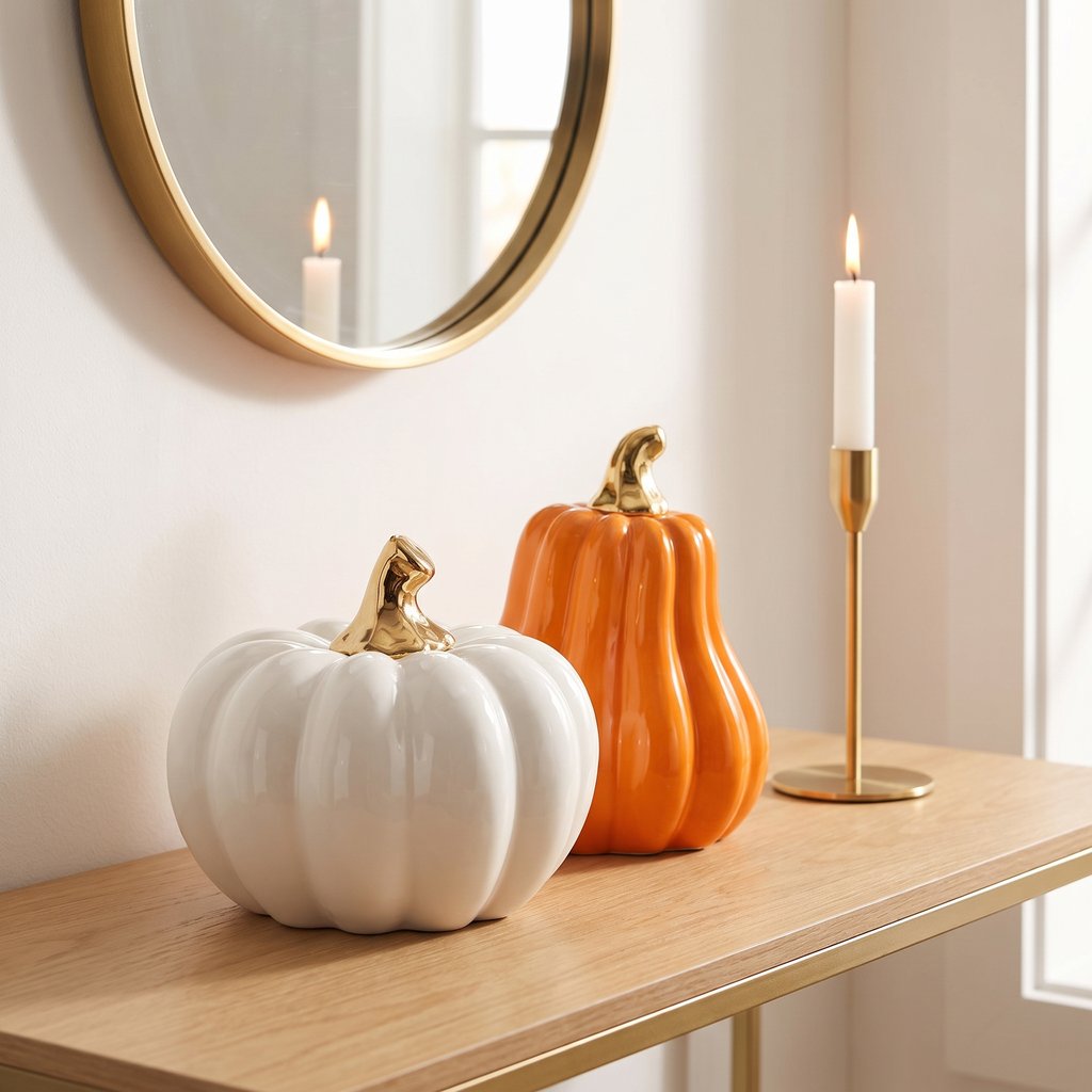 White large pumpkin and orange gourd on a console table beneath a round mirror with a lit candle