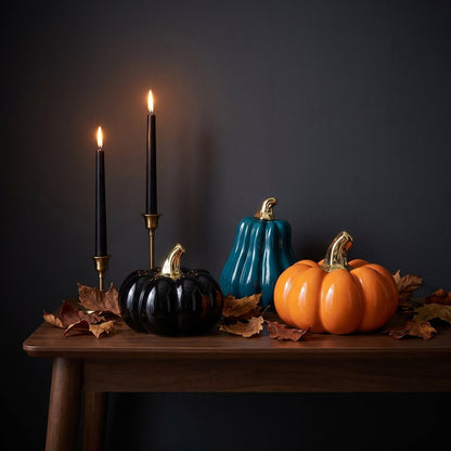 Black, blue, and orange ceramic pumpkins and a gourd on a console table with lit taper candles in a dark moody setting