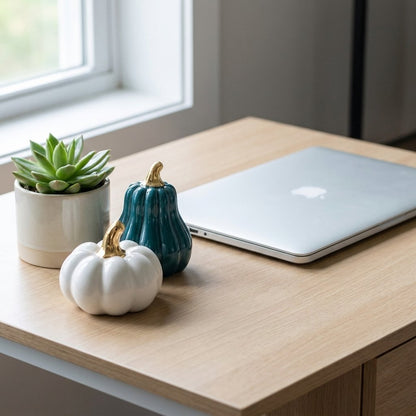 White small pumpkin and blue gourd on a desk beside a laptop and succulent