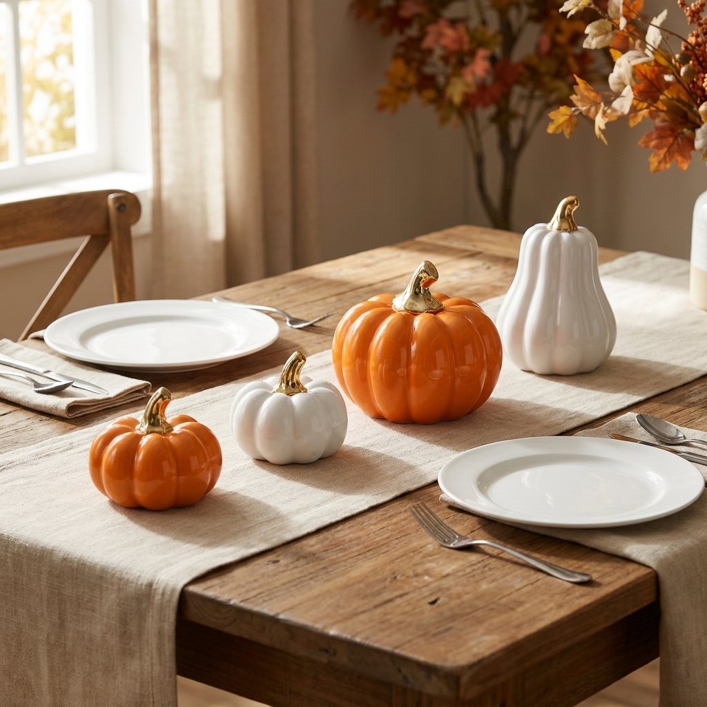 Small and large orange pumpkins with a small white pumpkin and white gourd on a dining table with place settings, showing size comparison