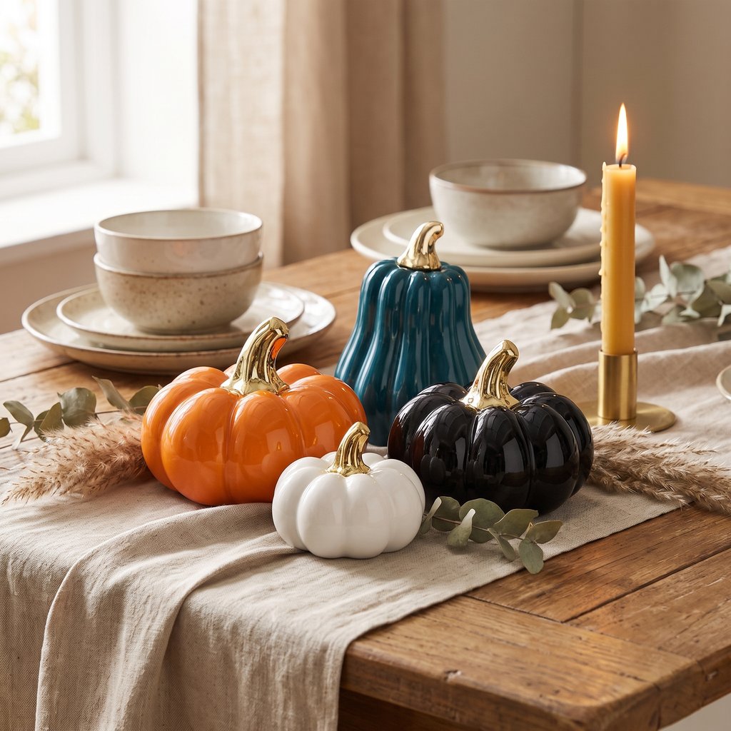 Orange large pumpkin, blue gourd, black pumpkin, and white small pumpkin arranged on a fall dining table with candles and greenery