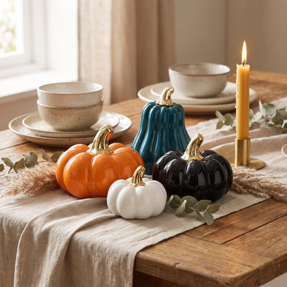 Orange large pumpkin, blue gourd, black pumpkin, and white small pumpkin arranged on a fall dining table with candles and greenery